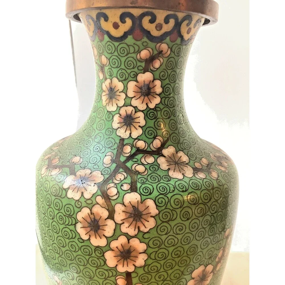 Vintage Cloisonne Vase Enamel Green Pink Japan Cherry Blossoms 9